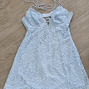 For Love And Lemons Creamsicle Blue Lace Dress with Pink Floral Details